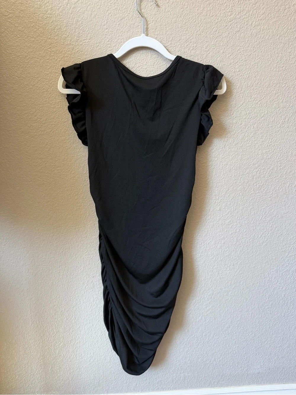 NWOT Girls' Black Ruched Square-Neck Dress with Flutter Sleeves, 13-14 yrs old